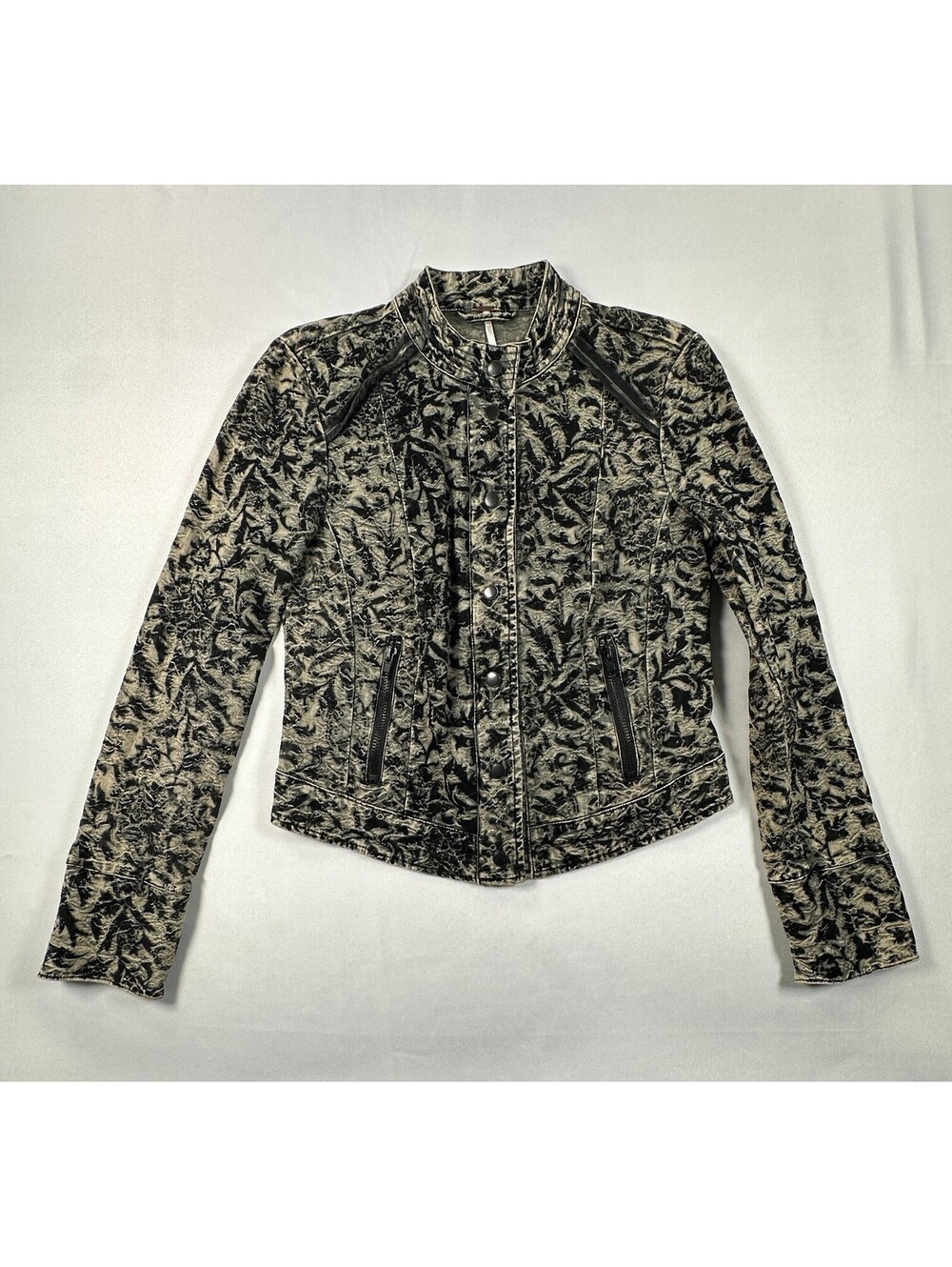 Free People Damask Floral Military Utility Jacket Womens 8 Black Cream Moto EUC